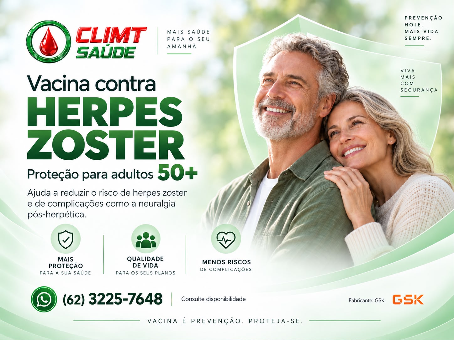 CLIMT Saúde: vacina contra herpes zoster. Proteção para adultos 50+. Consulte disponibilidade pelo telefone (62) 3225-7648.
